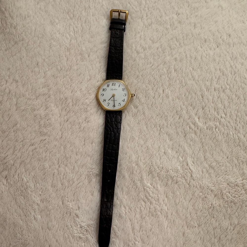 Lacher Quartz Gold and Black Leather Watch